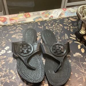 Tory Burch Black Leather Logo Thong Flip Flops